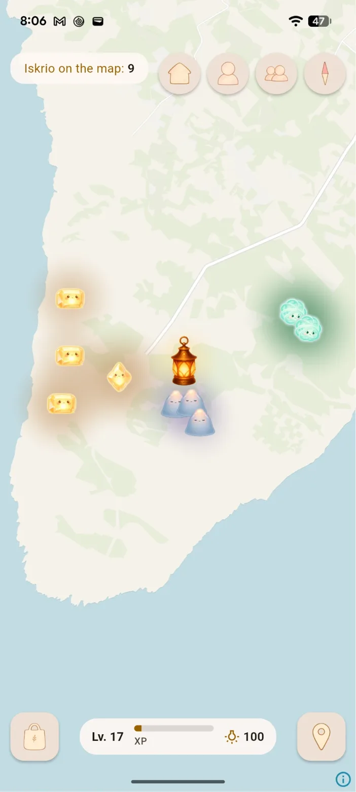 Coastal village map with spirits gathered near the Lamp