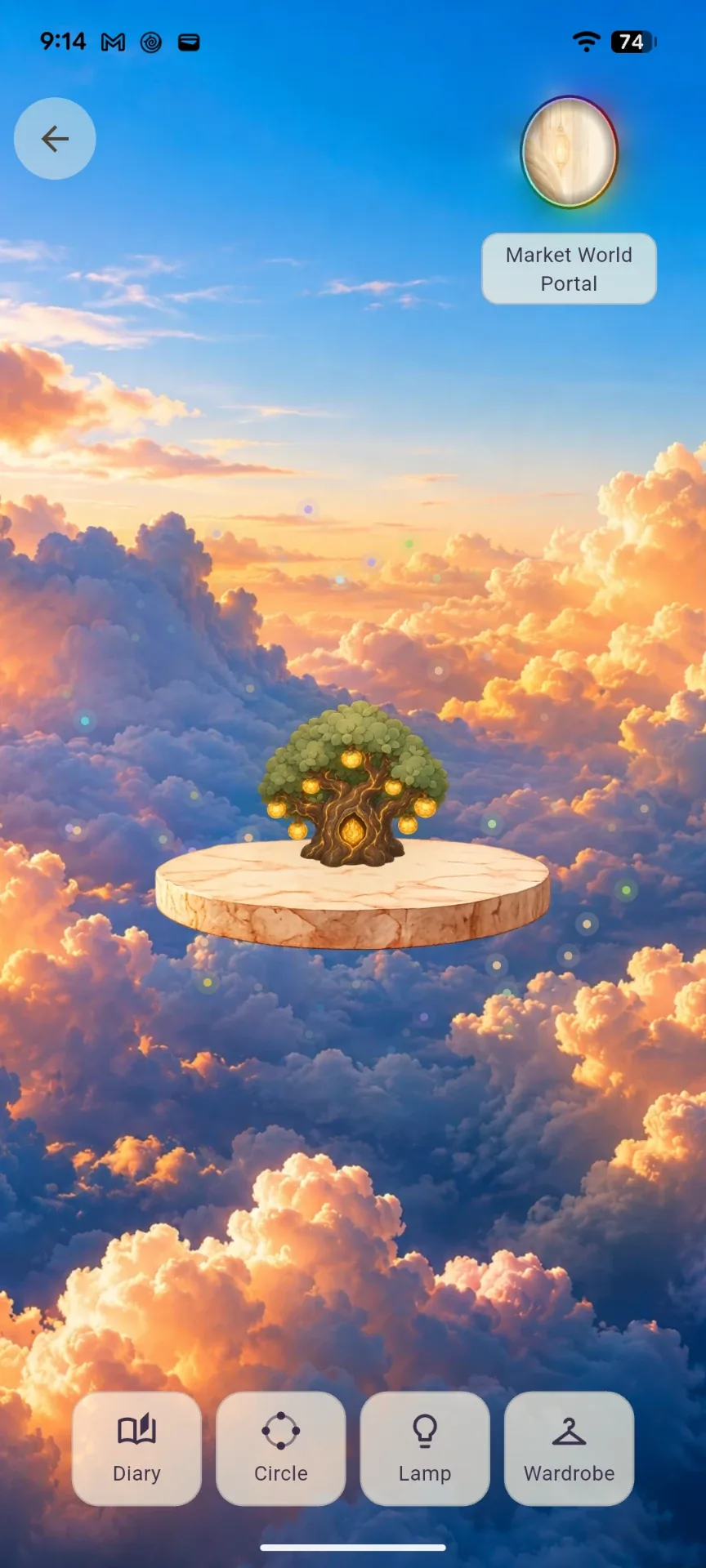 The Underlamp at dawn: a glowing tree home above sunlit clouds