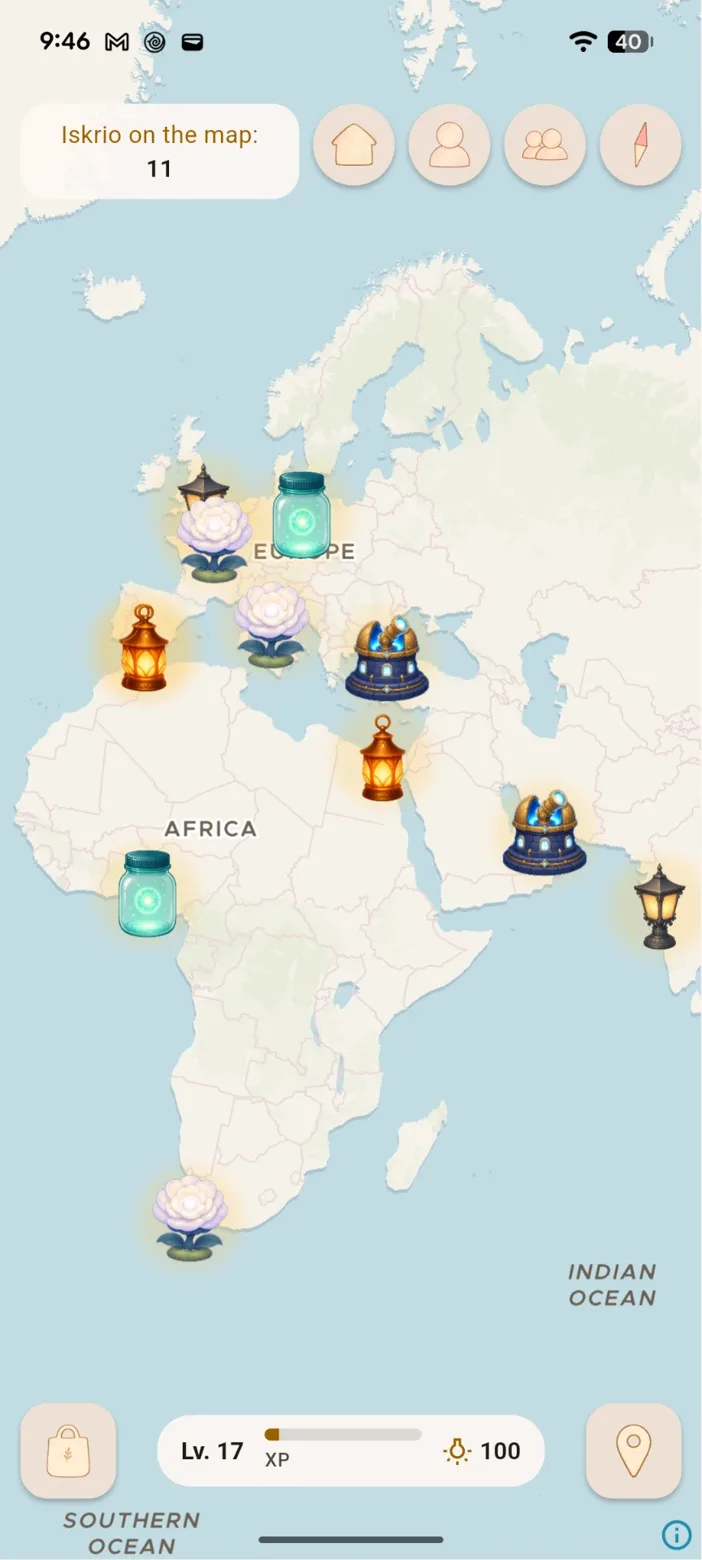 World map with Lamps and gifts tended by Keepers around the globe