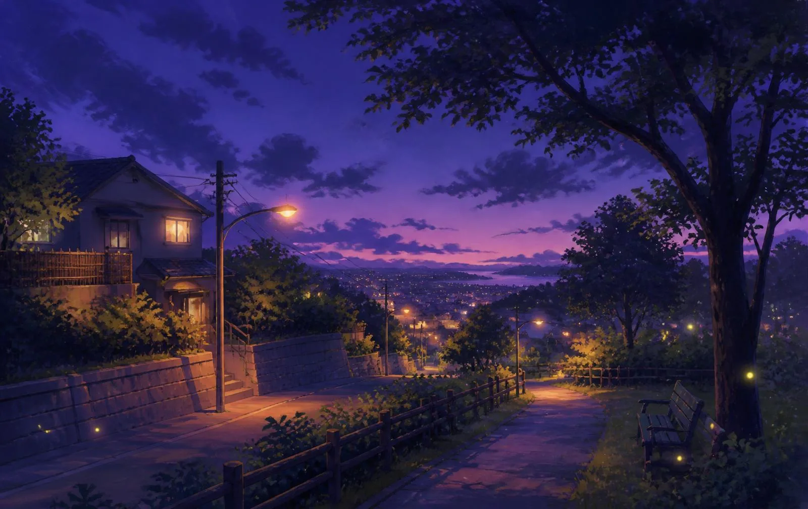A quiet evening street with lamps glowing along the path