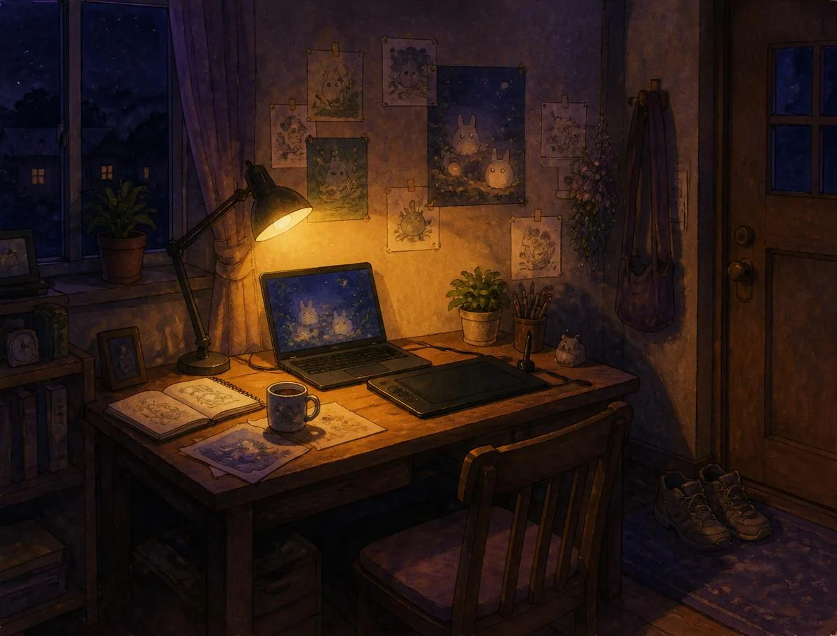 A small desk at night, one lamp on, sketches of spirits pinned to the wall