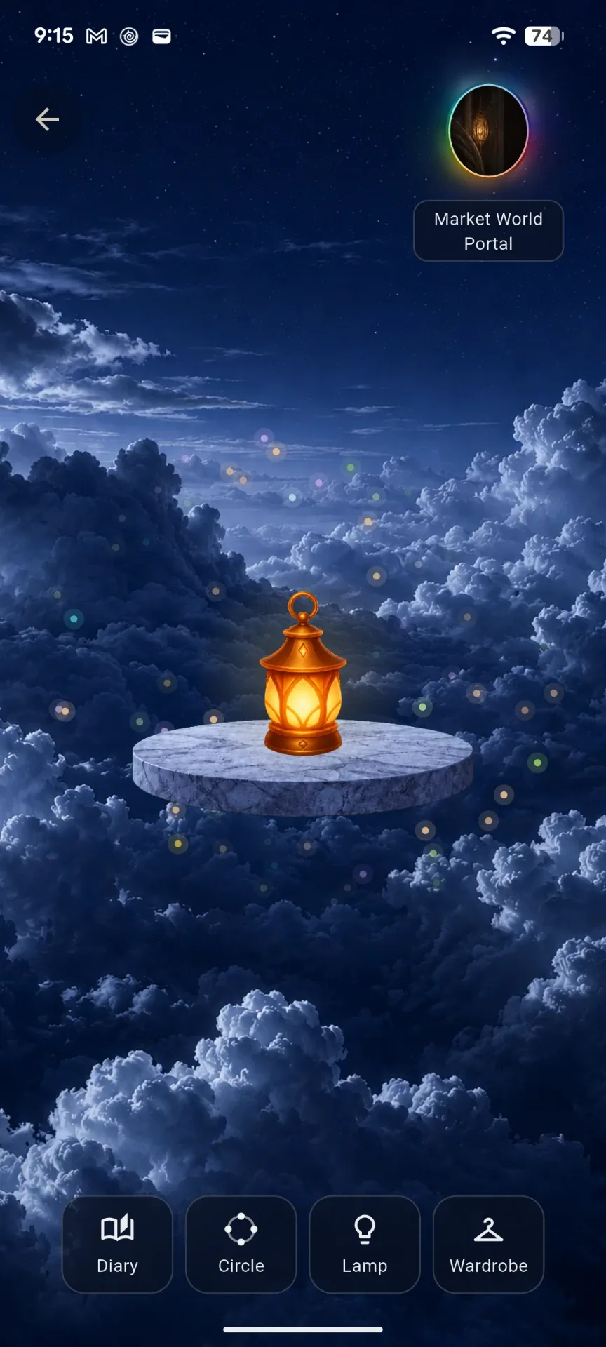 The Underlamp at night: a glowing Lamp on a stone platform above the clouds
