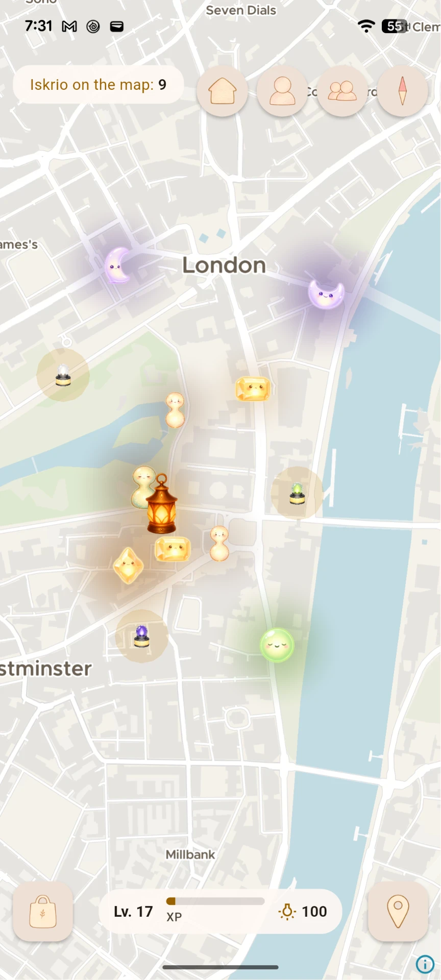 London map with the Lamp, spirits, and essence orbs glowing around it