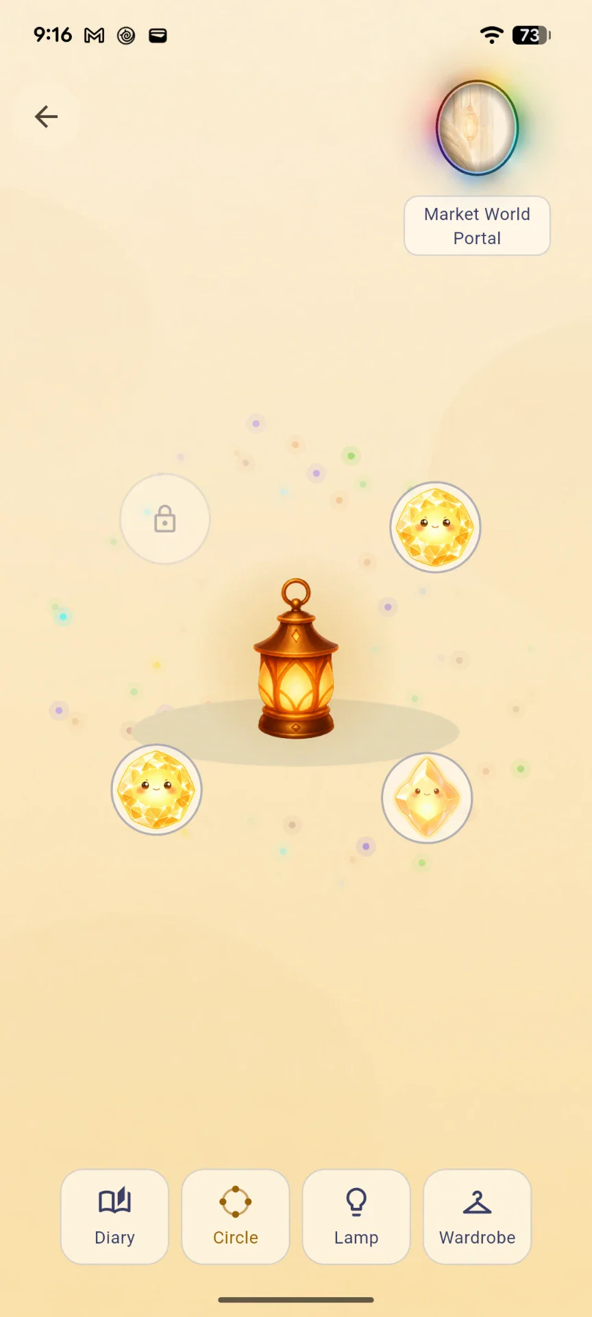 The Underlamp market: a Lamp surrounded by essence gems and a world portal