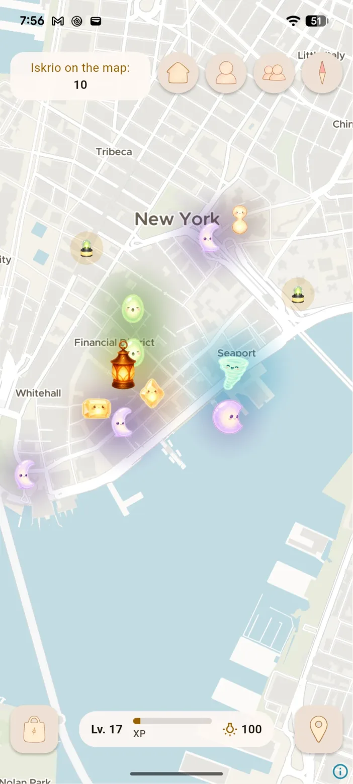 City map with the Lamp and spirits glowing around it