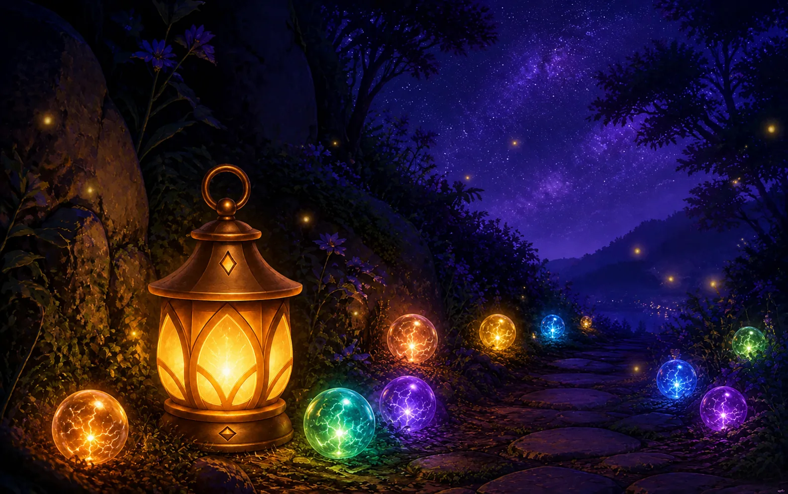 A glowing lantern on a night path lined with colored essence orbs