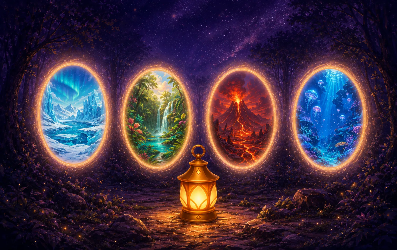 Glowing portals in a night forest, each opening onto a different world